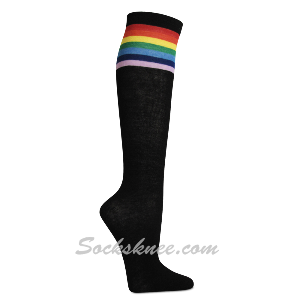 Girls Women Black Knee High Socks with Rainbow Stripes