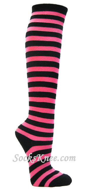 Black and Bright Pink Striped Knee Socks
