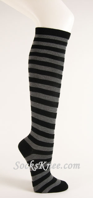 Black and Charcoal/Dark Gray Striped Knee Socks - Click Image to Close