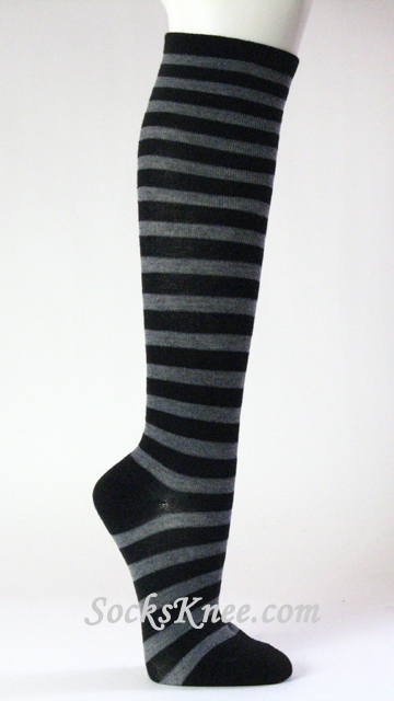 Black and Gray Thin Striped Knee Socks for Women