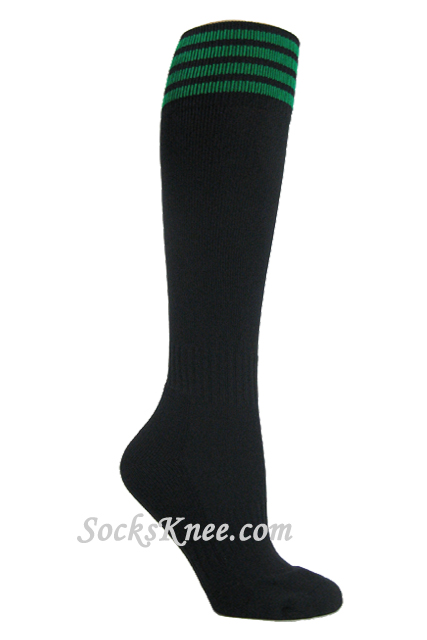 Black Youth Football/Sports knee socks with Green stripes - Click Image to Close
