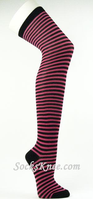 Black and Hot Pink Thin Over Knee striped socks