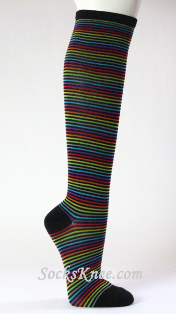 Black Rainbow Thin Striped Knee Socks for Women