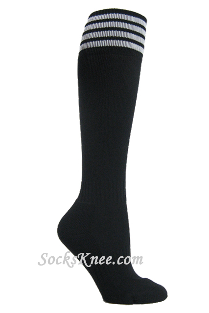 Black Youth Football/Sports Knee Socks with White stripes - Click Image to Close