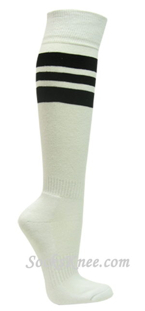 White cotton knee socks with black stripes for sports - Click Image to Close