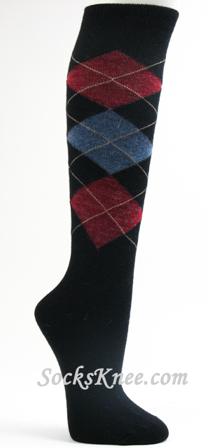 Black Wool Socks for Women, Argyle Knee High