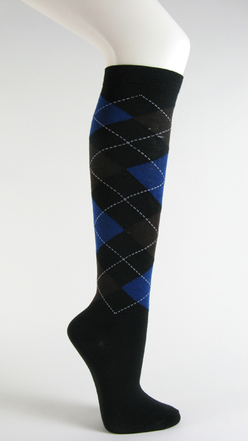 Black with blue brown argyle socks knee high