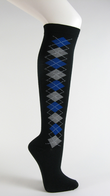 Black with blue and gray argyle socks knee high