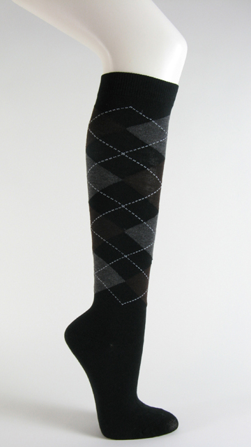Black with brown gray argyle socks knee high