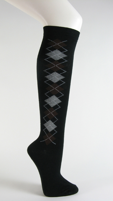 Black with brown and gray argyle socks knee high