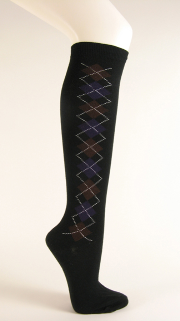 Black with brown and purple argyle socks knee high
