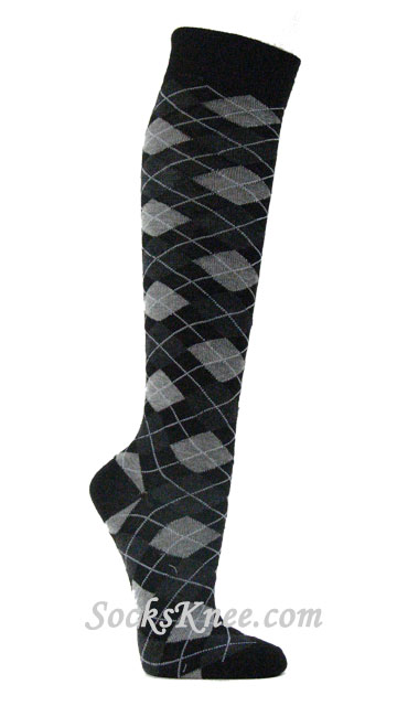 Black Charcoal/Dark Gray Light Grey Argyle Knee Socks for Women - Click Image to Close