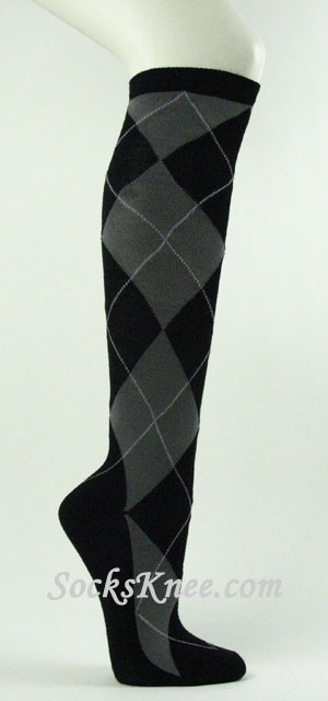 Black Charcoal Gray Large Argyle Knee Socks