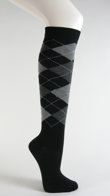 Black with charcoal and gray argyle socks knee high - Click Image to Close