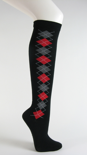 Black with charcoal and red argyle socks knee high
