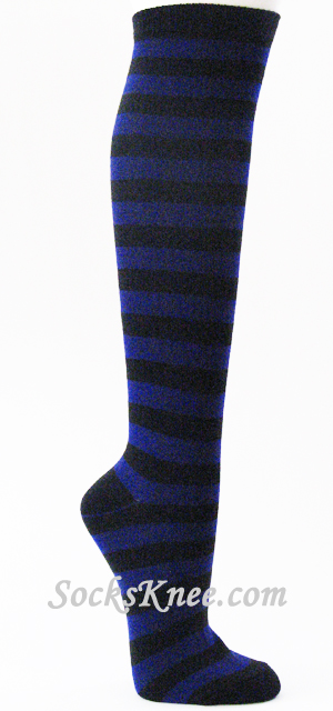 Black Dark Blue Striped Knee High Socks, Thick
