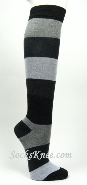 Black Gray LightGrey Charcoal Stripe Fashion Knee Sock for Women