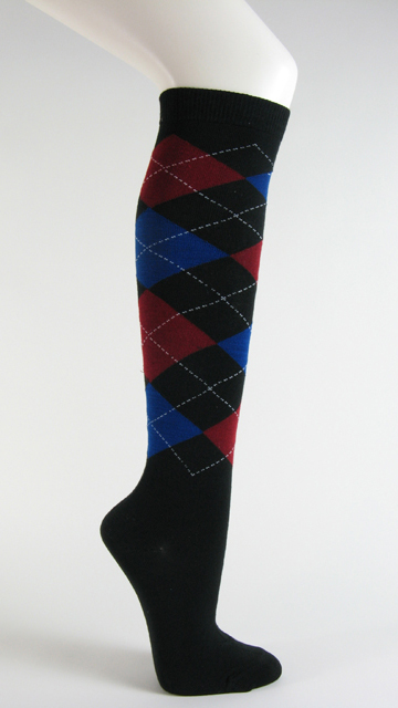 Black with dark red blue argyle socks knee high