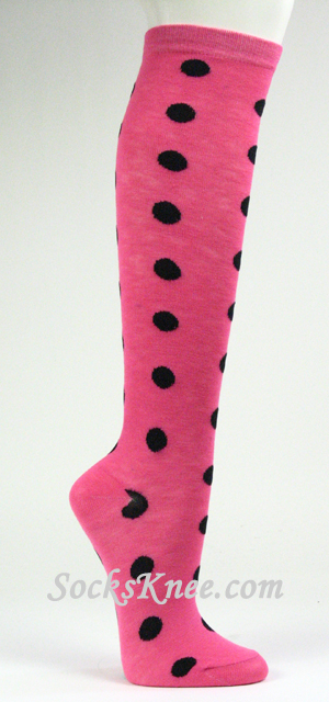 Black Dotted Pink Knee High Socks for Women