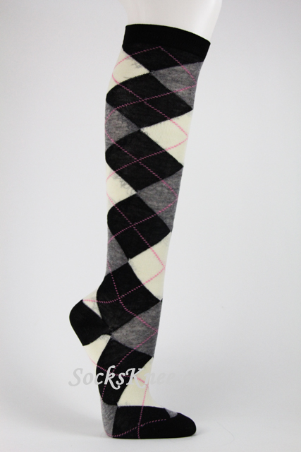 Black Gray Cream Argyle Knee Sock - Click Image to Close