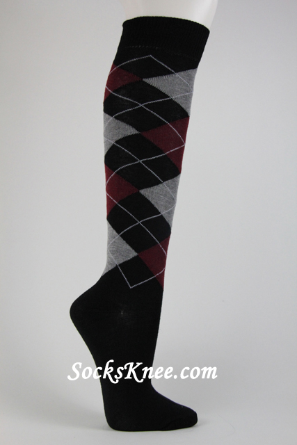Black with Maroon and Gray argyle socks knee high - Click Image to Close