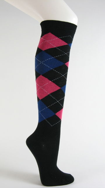 Black with hot pink blue argyle socks knee high