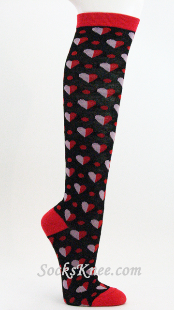 Black Knee Socks with Red & Pink Hearts