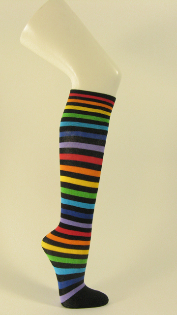 Black under knee socks striped with orange yellow no heel