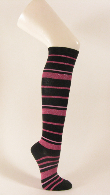 Black knee socks striped with glitter pink