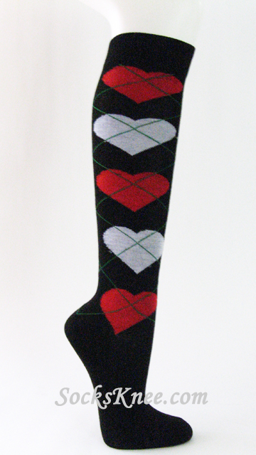 Black with Red & White Hearts Knee Socks for Women