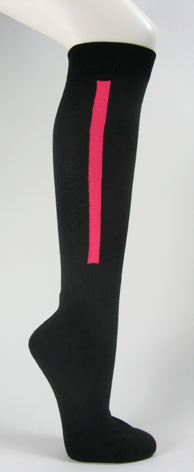 Black mens knee socks with bright pink stripe for baseball and s - Click Image to Close