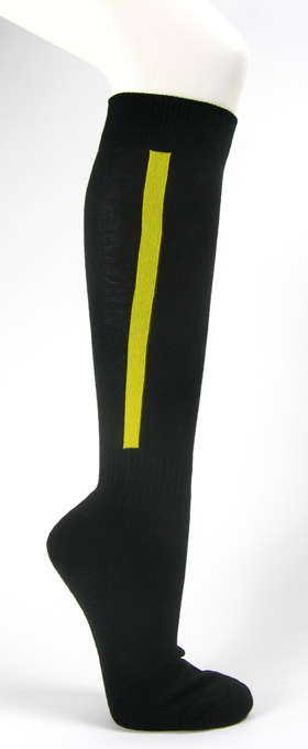 Black mens knee socks with bright yellow stripe for baseball and