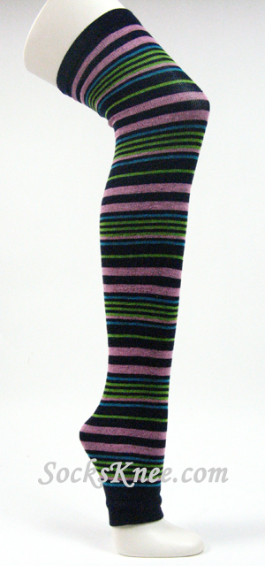Black Pink Lime Green Striped Long Leg Warmer - Click Image to Close