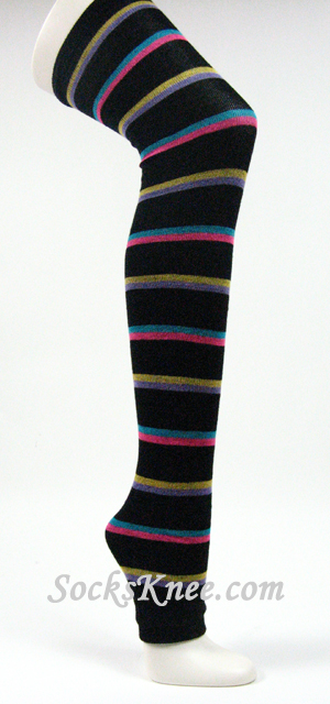 Black Pink Yellow Striped Long Leg Warmer - Click Image to Close
