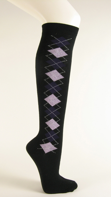 Black with purple and lavender argyle socks knee high