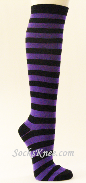 Black Purple Striped Knee High Socks, Thick - Click Image to Close