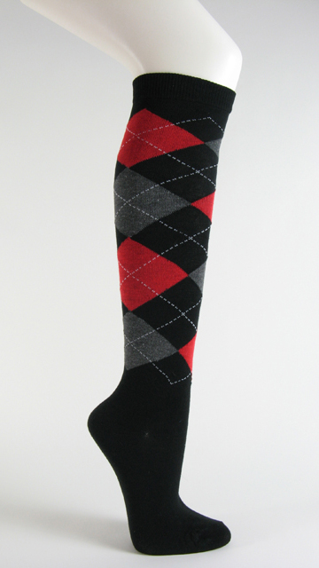 Black with red charcoal argyle socks knee high - Click Image to Close
