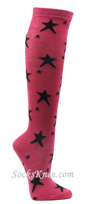 Hot Pink with Black Star Logo / Symbol Knee Socks