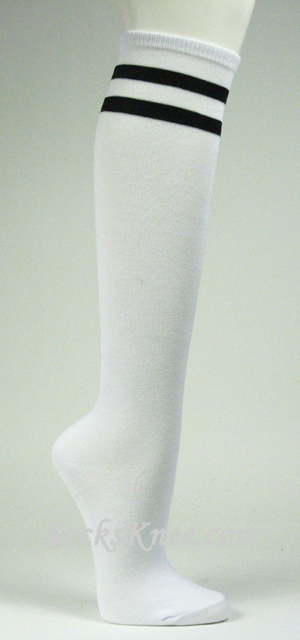 2 Black Striped White Knee Socks for Women