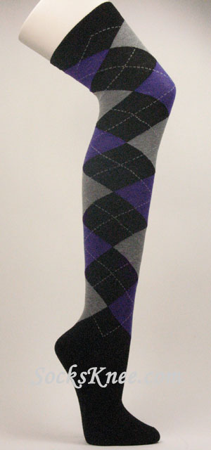 Black with Blue Violet Gray socks over knee argyle - Click Image to Close