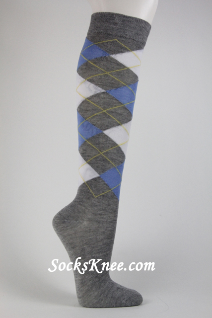 Light Gray with Light Blue White Argyle socks knee high