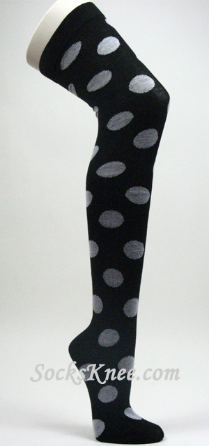 Black Over Knee High Socks with Large White Polka Dots