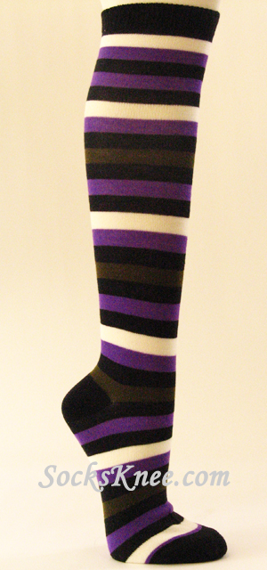 Black White Purple Striped Women's Knee High Socks, Thick