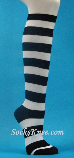 Black & White Wider Stripes Knee hi socks for Women - Click Image to Close