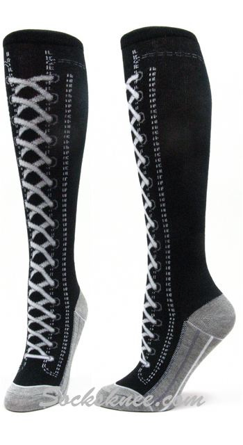 Black Lace-up Boots design kids youth high knee socks