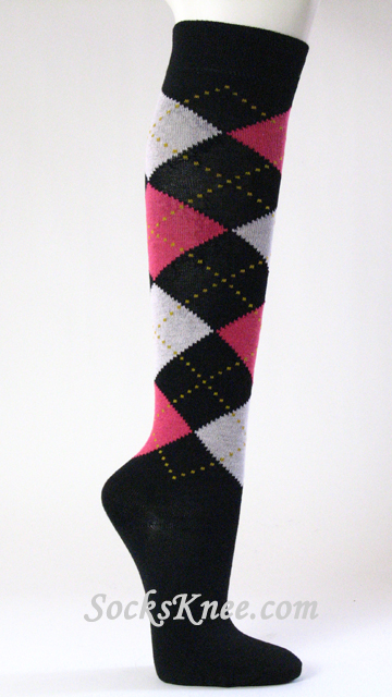 Black with Hot Pink and White Argyle knee socks for Women