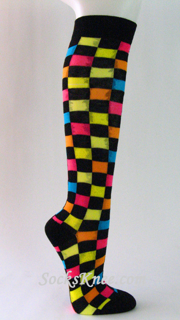 Black with Hot Pink Yellow Plaid Knee Socks for Women