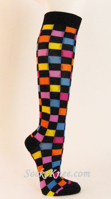 Black with Orange Light Blue Plaid Knee Socks for Women - Click Image to Close