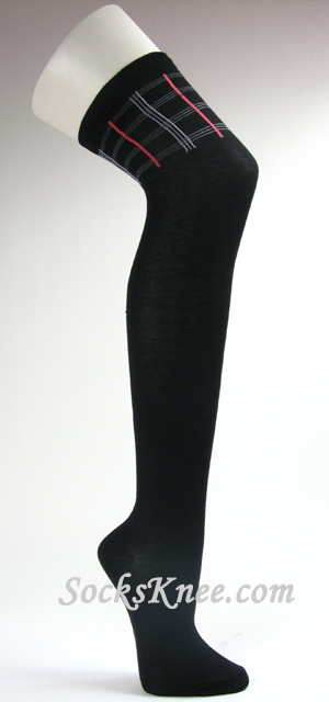 Plaid Striped on Thigh Black Over Knee High Socks for Women