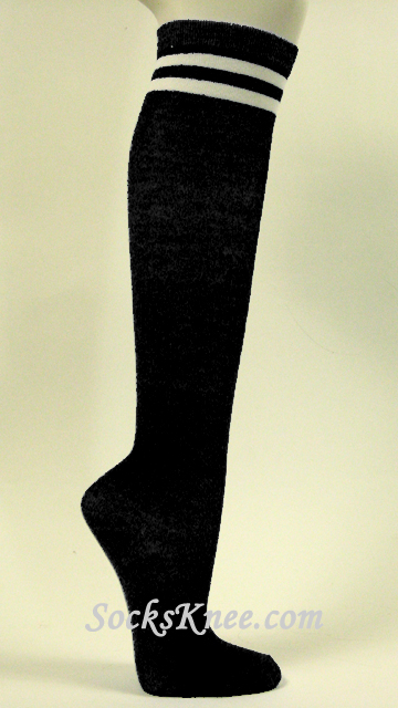 Black with 2 White Stripes Womens High Knee Socks - Click Image to Close